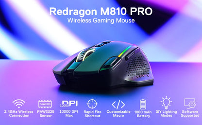 Mouse de gaming wireless Redragon M810 Pro, 10000 DPI, mouse de gamer cu fir cu tastă Rapid Fire, 8 butoane macro, mouse negru/alb
