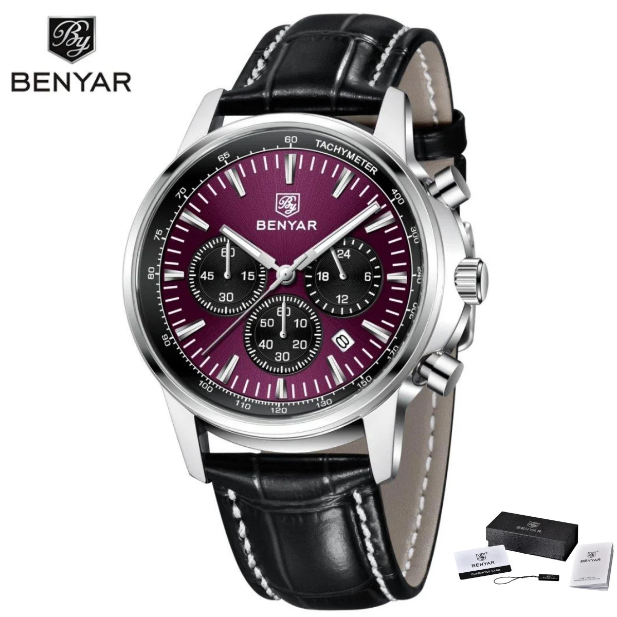 Relógio de luxo para homem Benyar – Cronógrafo com data, bracelete em pele, estanque, luminescente, estilo desportivo e militar, relógio de quartzo