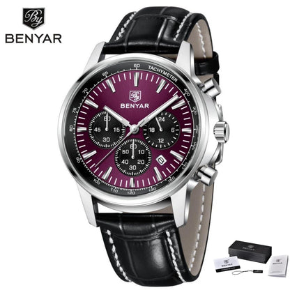 Relógio de luxo para homem Benyar – Cronógrafo com data, bracelete em pele, estanque, luminescente, estilo desportivo e militar, relógio de quartzo