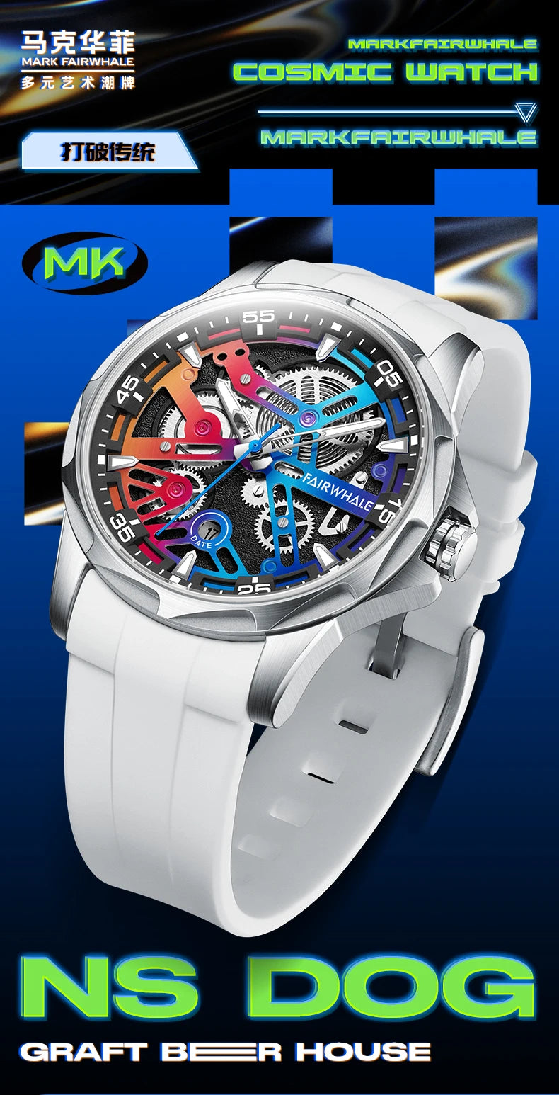 Brand Mark Fairwhale Sports Automatic Watch For Men Fashion Stainless Steel Rainbow Dial Mechanical Wristwatch Man Free Shipping