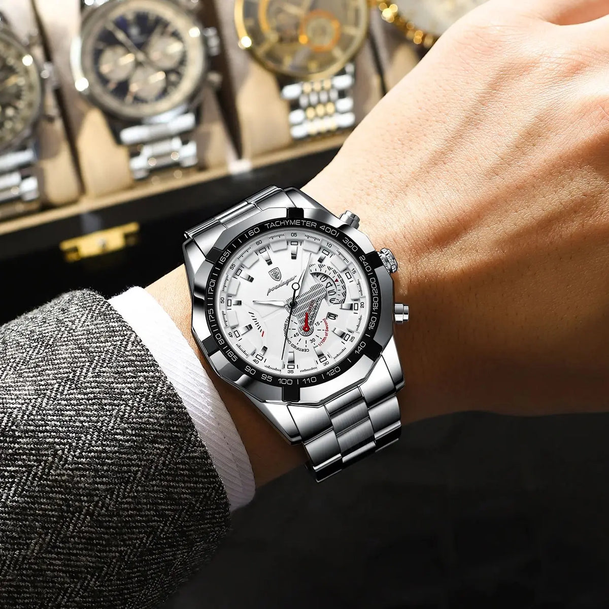Relógio de luxo para homem POEDAGAR, estanque, luminoso, com data, desportivo, bracelete em aço inoxidável, movimento de quartzo.
