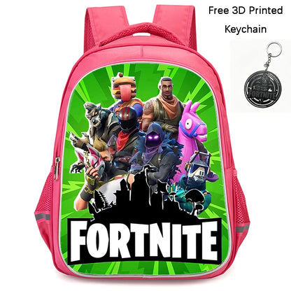 FORTNITE 16-inch Durable Lightweight Backpack, Dual Zipper Pockets, Cartoon Style for Boys & Girls 6-10,Free 3D Printed Keychain