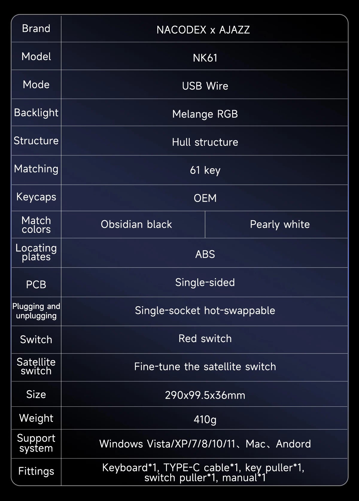 Ajazz NK61 Wired Mechanical Gaming Keyboard 61 Keys RGB Hot-Swap Mixed Color Red Switch Compatible with Win/Mac for Gamers