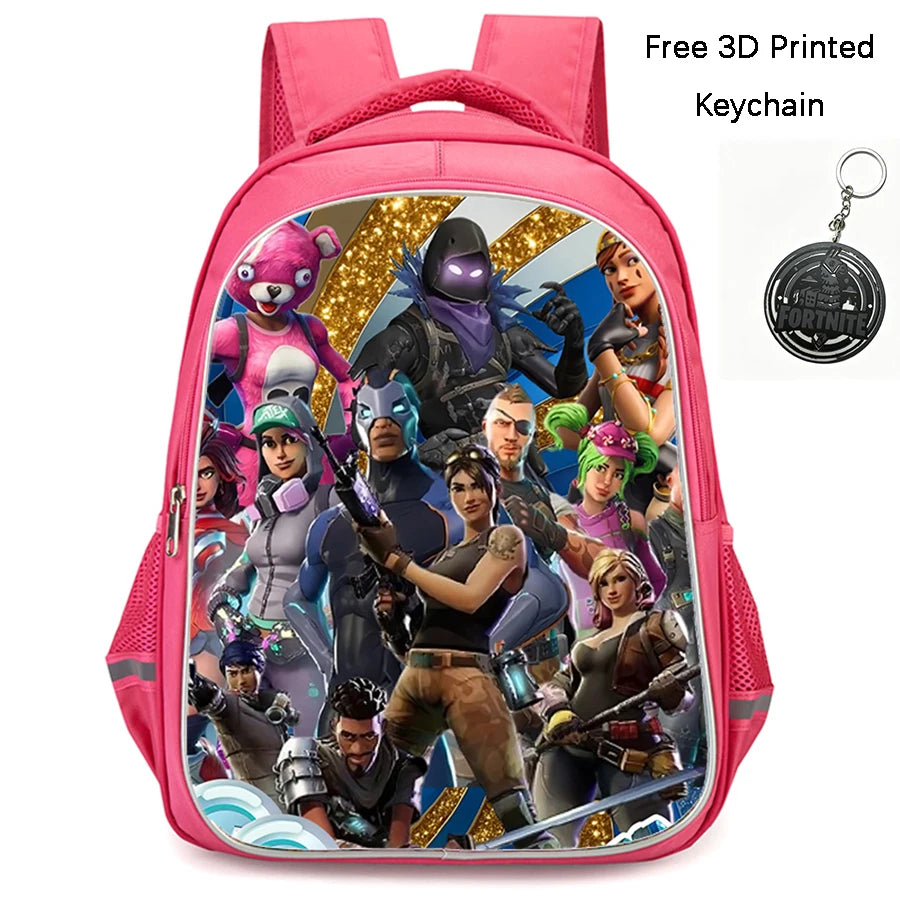 FORTNITE 16-inch Durable Lightweight Backpack, Dual Zipper Pockets, Cartoon Style for Boys & Girls 6-10,Free 3D Printed Keychain