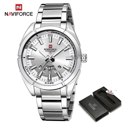 Relógio de pulso para homem NAVIFORCE, inteiramente em aço, estanque, estilo descontraído, movimento de quartzo com indicação da data – Relógio de pulso de luxo para homem, de uma marca de renome.