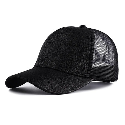 Letnia czapka z daszkiem z brokatem, z wysokim karkiem, damska czapka typu snapback, czapki typu trucker z siateczką w kolorach czarnym, białym i różowym dla kobiet Gorra