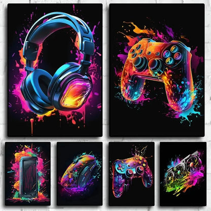 Póster Néon de Personagem de Videojogo com Gamepad, Auscultadores, Futebol e Basquetebol em Tela — Arte de Parede para Decoração de Quarto Gaming