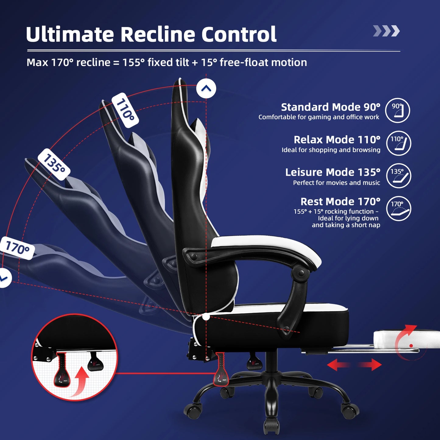 AUTHMIC Gaming Chair Ergonomic Reclining Office Chair with Adjustable Lumbar Support & Headrest  High-Back PC Gamer Adults Teen