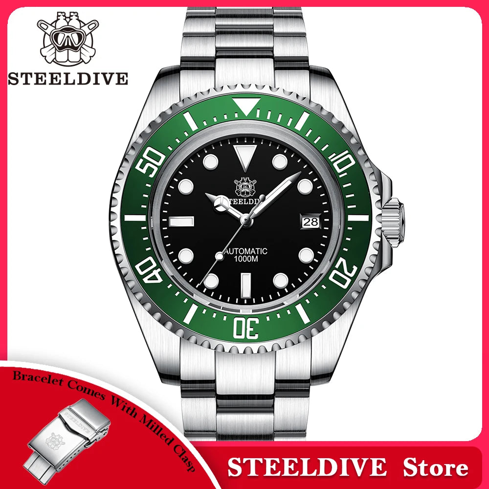 SD1964 STEELDIVE 1000M Waterproof 45.4MM Big Water Ghost Watch For Men Super BGW9 Blue Luminous Dive Watch with Valve