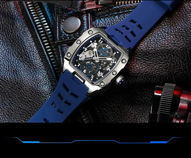 MEGIR Fashion Sport Alloy Case Men Mechanics Watch Waterproof Silicone Band Barrel Shaped Dial Luminous Pointer Man Wristwatches