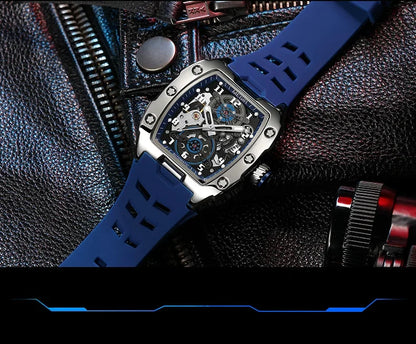 MEGIR Fashion Sport Alloy Case Men Mechanics Watch Waterproof Silicone Band Barrel Shaped Dial Luminous Pointer Man Wristwatches