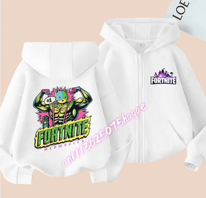 Casaco com capuz infantil Fortnite de outono, com fecho, estampado com personagem de jogo em estilo cartoon, casaco de inverno para criança, roupa para menino