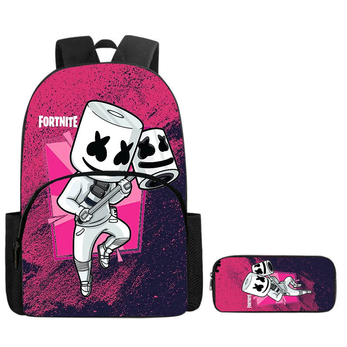 Fortnite Cartoon Backpack w/ Front Pocket & Pencil Case 2PCS - School Set for Boys Girls Age 5-8, Back to School Gift