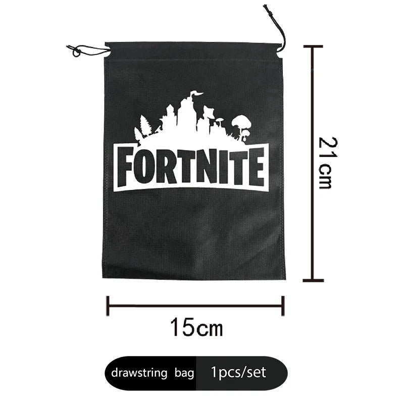 Fortnight témájú sorozat fekete/ezüst kis zsinóros táska, hordozható tároló, rajzfilmes zseb, ajándék születésnapi parti dekorációhoz