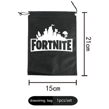 Fortnight témájú sorozat fekete/ezüst kis zsinóros táska, hordozható tároló, rajzfilmes zseb, ajándék születésnapi parti dekorációhoz