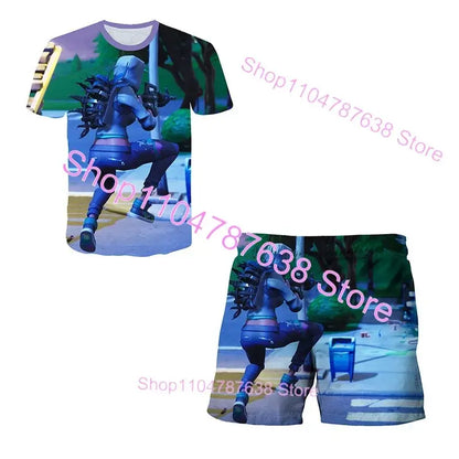 2-teiliges Set F-Fortnited Victory 3D-T-Shirt und Shorts für Kinder, Oberteile für Mädchen und Jungen, Battle-Royale-Kleidung, Harajuku-Tees, Hero-Kinder-T-Shirt