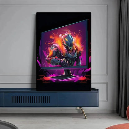 Póster Néon de Personagem de Videojogo com Gamepad, Auscultadores, Futebol e Basquetebol em Tela — Arte de Parede para Decoração de Quarto Gaming