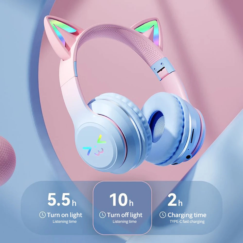 RGB Cat Ear Wireless Bluetooth Headphones for Kids & Girls – LED Light Stereo Gaming Headset with Microphone