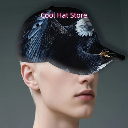 One Baseball Cap Featuring a Majestic Eagle in Flight, Equipped with an Adjustable Strap. This Lightweight And Foldable Hat Is P