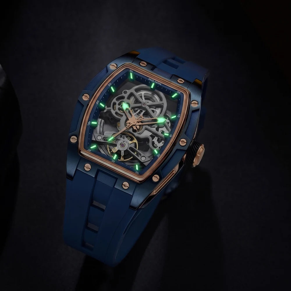 Relógio mecânico para homem MEGIR, formato de barril, mostrador esqueletizado com aberturas, estilo desportivo, bracelete em silicone, relógio automático de luxo