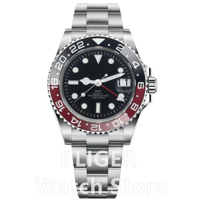 BLIGER 40mm 515 24H GMT Men's Watch Stainless Steel Clasp Luminous Quartz Movement Ceramic Bezel Sapphire Glass 10Bar Waterproof