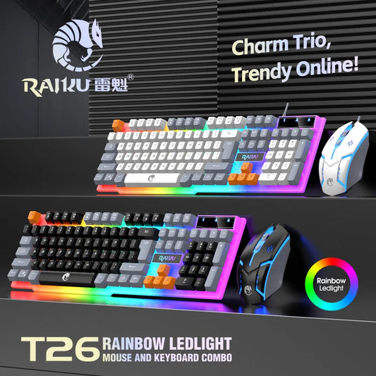 Teclado individual e conjunto teclado + rato RAIKU T26 de três tons com iluminação, teclado e rato com fios, toque mecânico, conjunto gaming