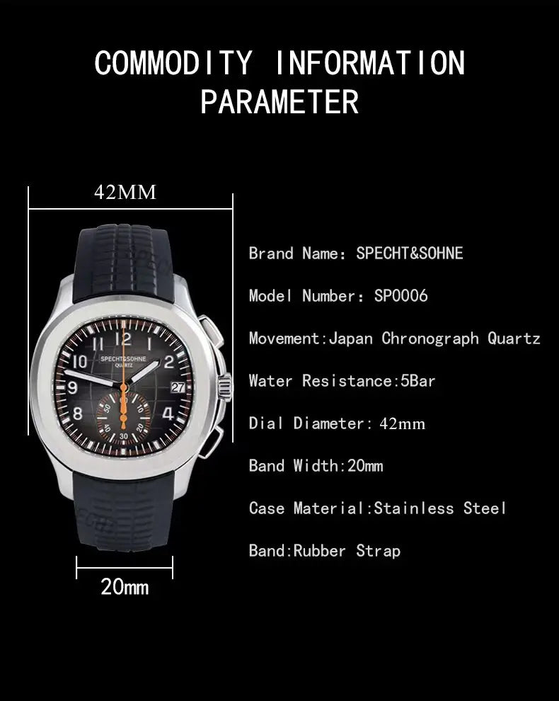 2026 New Specht&Sohne Men's Watches Quartz Watch Top Brand Luxury Chronograph Sport Rubber Luminous 5Bar Waterproof Reloj Hombre