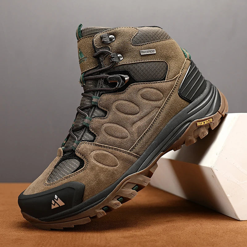 HIKEUP Botas de senderismo altas para hombre, calzado de invierno para exteriores con cordones, antideslizantes, deportivas y casuales, botas de trekking de ante cálidas para hombre
