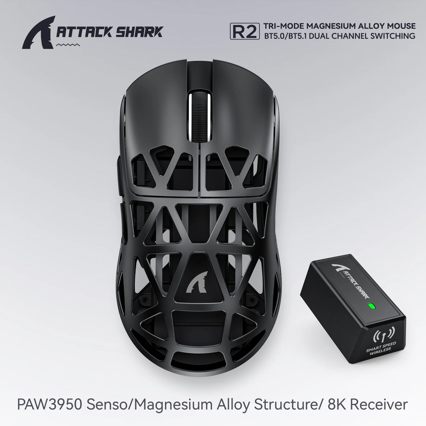 Bezprzewodowa mysz gamingowa Attack Shark R2 PAW3950 8K ze stopu magnezu, lekka mysz gamingowa Bluetooth Tri-Mode do gier/biura