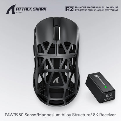 Bezprzewodowa mysz gamingowa Attack Shark R2 PAW3950 8K ze stopu magnezu, lekka mysz gamingowa Bluetooth Tri-Mode do gier/biura