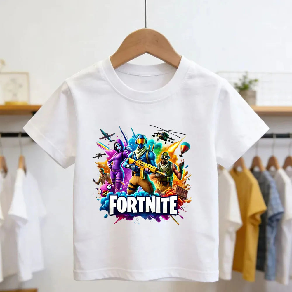 T-shirt infantil branco de algodão com estampado cartoon do tema Fortnite, manga curta, verão, jogo popular
