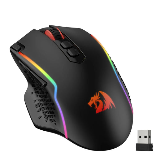 Redragon M810 Pro trådløs gamingmus, 10000 DPI kablet gamermus med Rapid Fire-tast, 8 makroknapper, sort/hvid mus