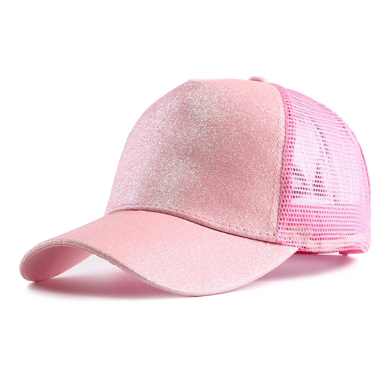 Letnia czapka z daszkiem z brokatem, z wysokim karkiem, damska czapka typu snapback, czapki typu trucker z siateczką w kolorach czarnym, białym i różowym dla kobiet Gorra