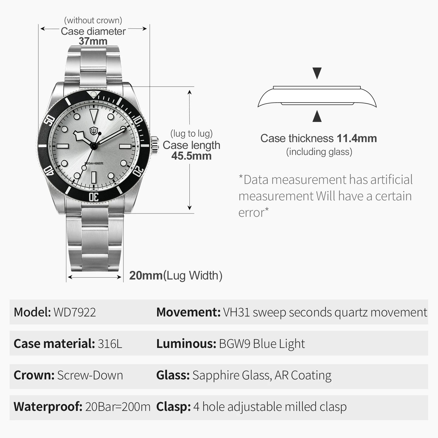 Watchdives WD7922 BB54 Quartz Watches VH31 20Bar Waterproof Luminous Sapphire Crystal Ar 37Mm Fashion Stainless Dive Wrist Watch
