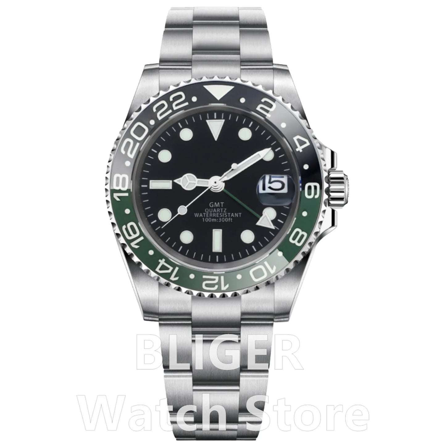 BLIGER 40mm 515 24H GMT Men's Watch Stainless Steel Clasp Luminous Quartz Movement Ceramic Bezel Sapphire Glass 10Bar Waterproof