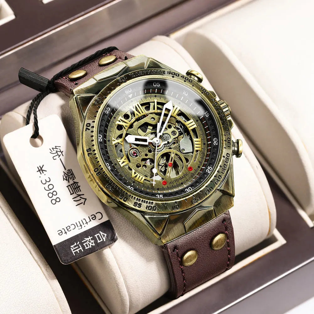 UTHAI Retro Men Watch Business Waterproof Bronze Automatic Mechanical Machine Watch Leather Strap Male Fashion Clock Wristwatch