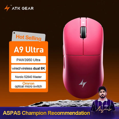Bezprzewodowa mysz gamingowa ATK Dragonfly A9 Ultimate A9 Air PAW3950 ultralekka ergonomiczna mysz e-sportowa FPS dla graczy CSGO A9 Ultra