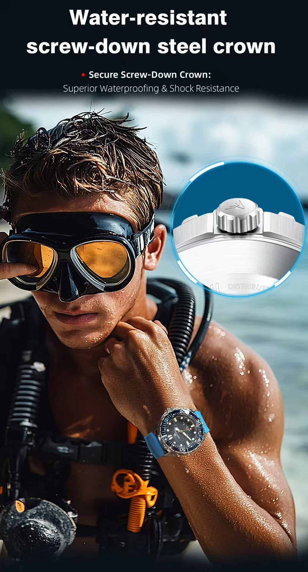 Stainless Steel Diving Watch Solar Energy Driven Quartz Watch Outdoor Waterproof Long Battery Life Rotatable Chronograph Ring