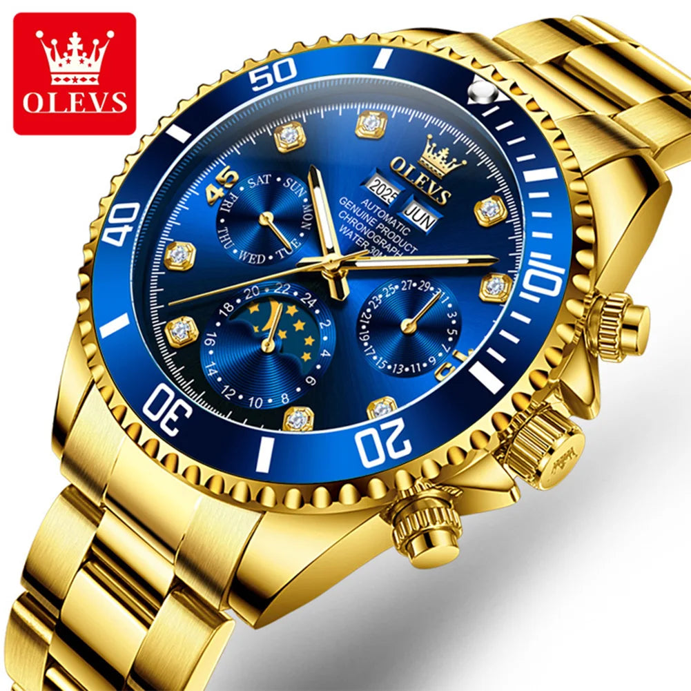 OLEVS 6729 Original Men's Watches Stainless Steel Waterproof Luminous Date Week Moon Phase Automatic Mechanical Watches for Man