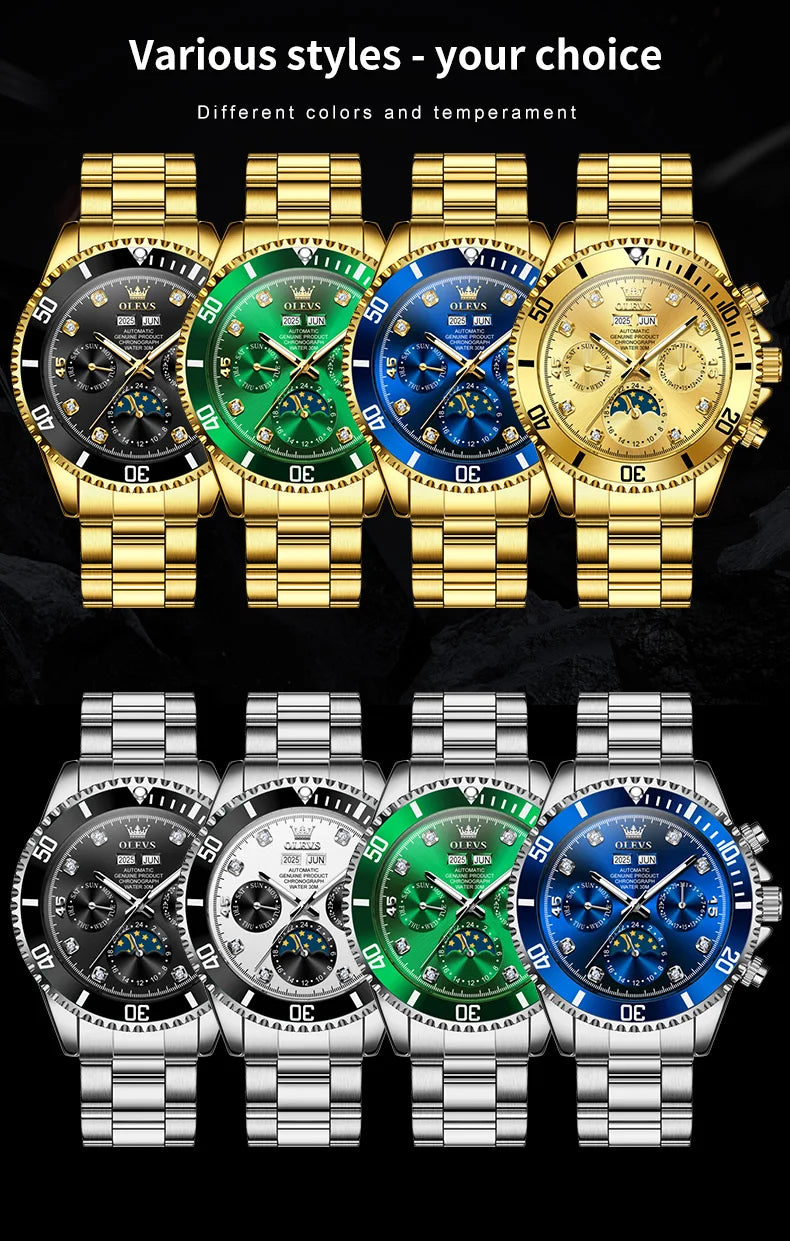 OLEVS 6729 Original Men's Watches Stainless Steel Waterproof Luminous Date Week Moon Phase Automatic Mechanical Watches for Man