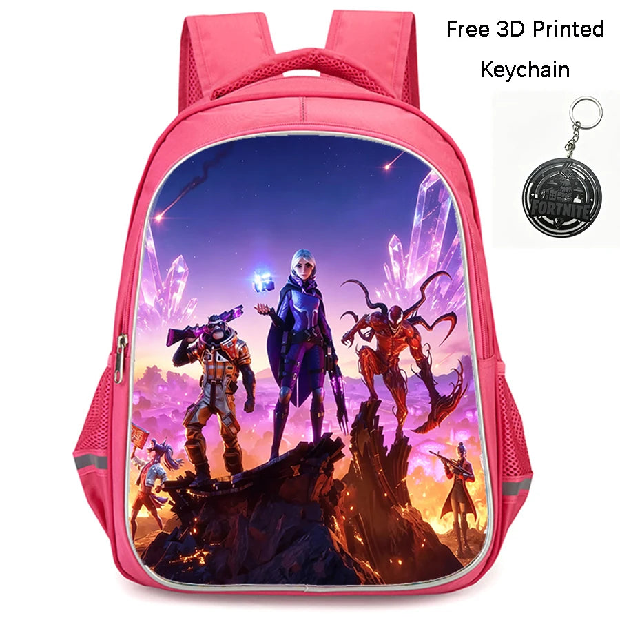 FORTNITE 16-inch Durable Lightweight Backpack, Dual Zipper Pockets, Cartoon Style for Boys & Girls 6-10,Free 3D Printed Keychain