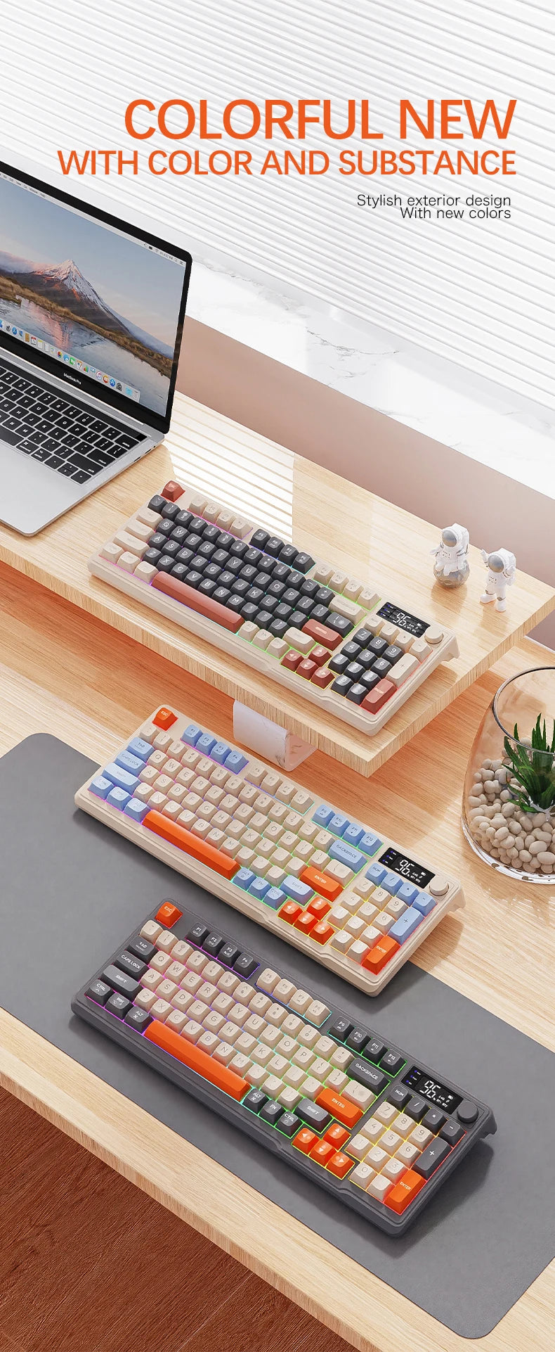 Tastiera wireless Bluetooth M96 FREEWOLF con display digitale, retroilluminazione RGB, batteria da 2000mAh e keycap PBT per PC/laptop