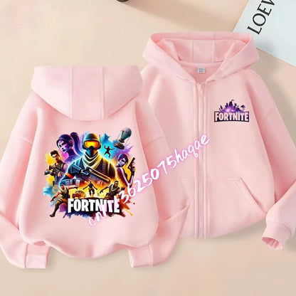 Casacos com capuz e fecho para criança Fortnites, sweatshirts Anime Fortress Night, sweatshirts gaming de primavera/outono, roupa desportiva infantil, presente