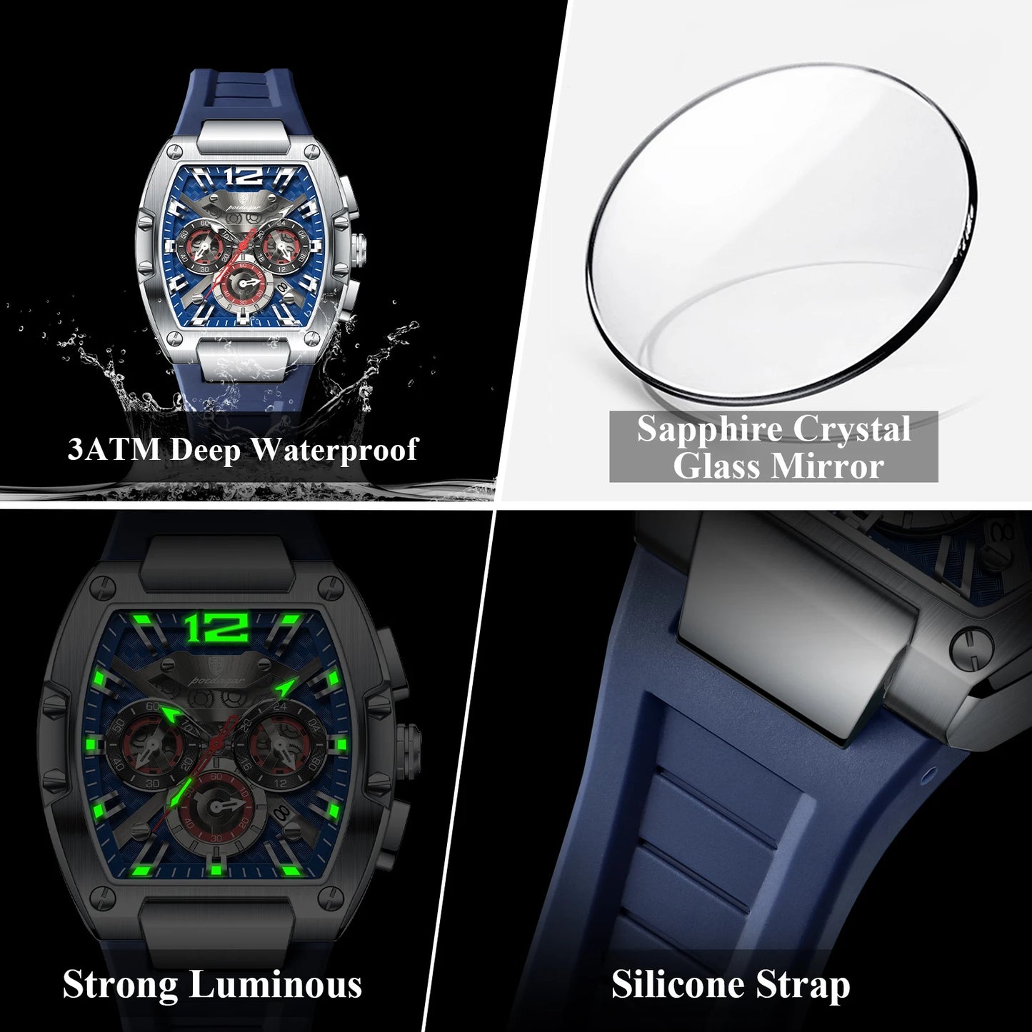 POEDAGAR Fashion Brand Men's Watch Luminous Waterproof Date Sports Male Watch Chronograph Silicone Quartz Watches For Man Reloj
