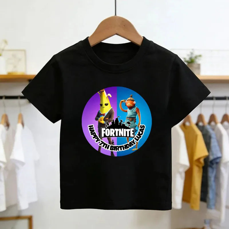 T-shirt infantil branco de algodão com estampado cartoon do tema Fortnite, manga curta, verão, jogo popular