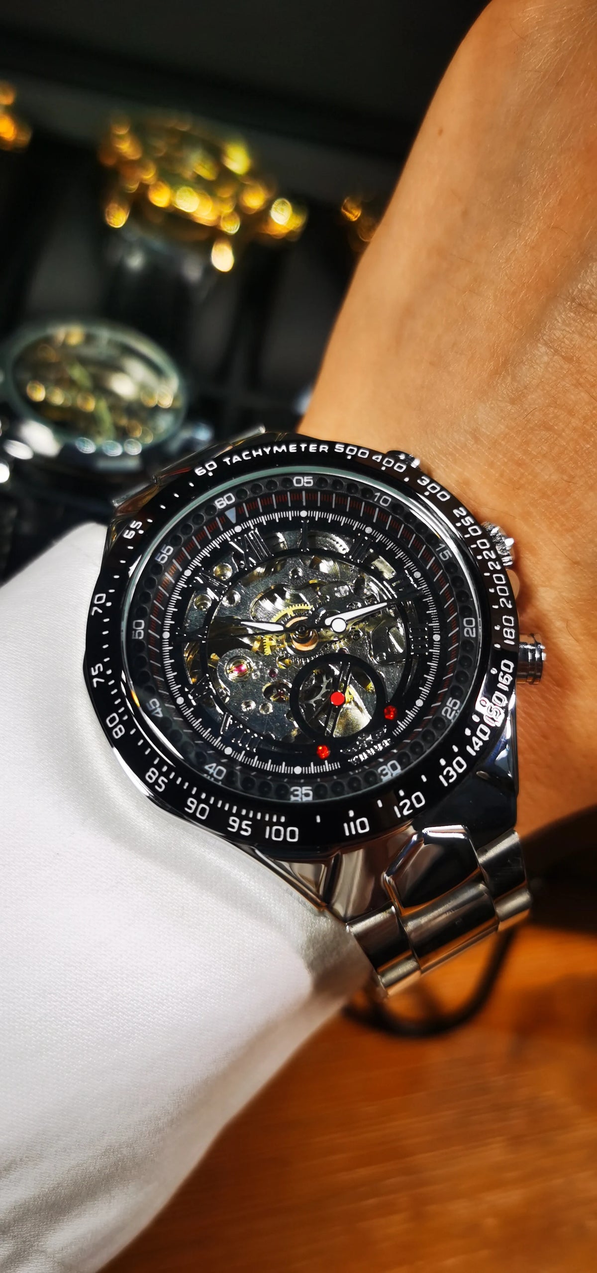 Relógio automático para homem WINNER – Modelo esqueleto transparente, ponteiros luminescentes, bracelete em aço inoxidável, relógio mecânico de marca de luxo