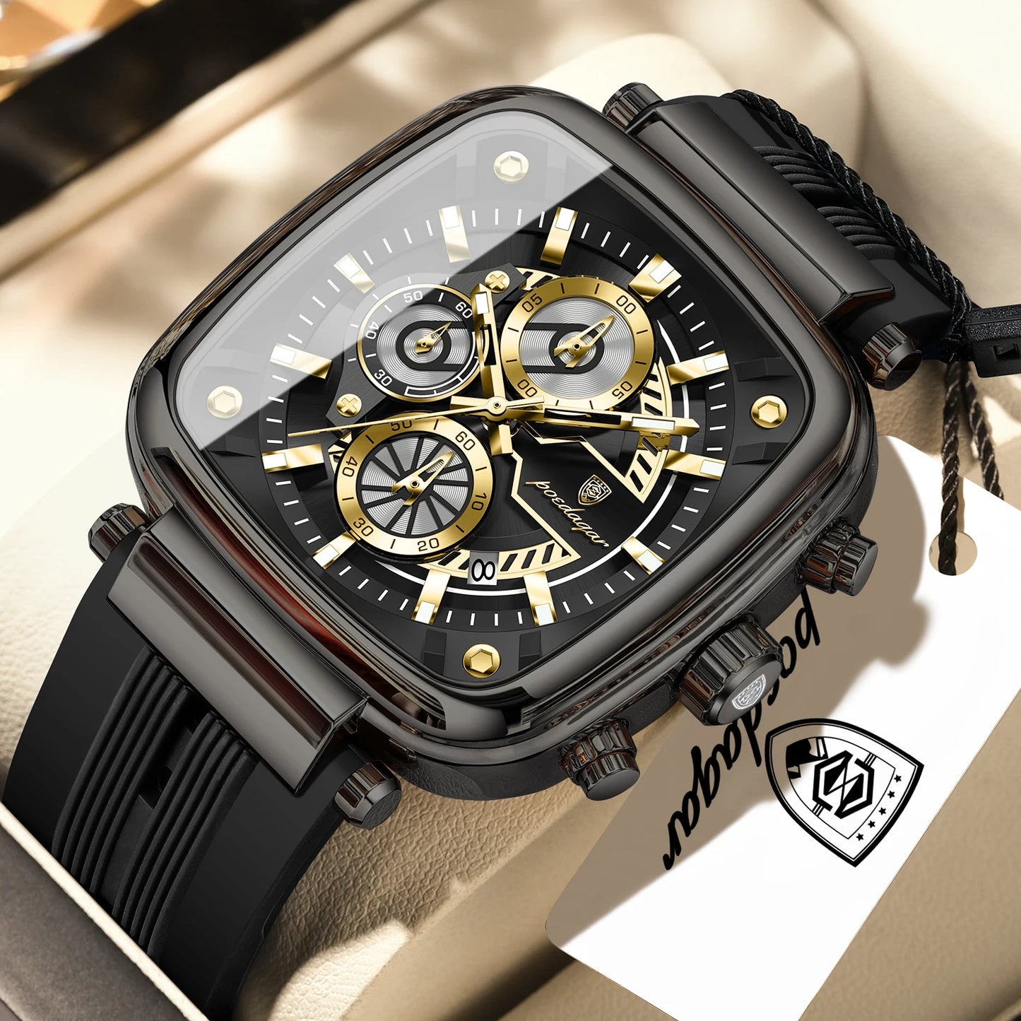 POEDAGAR Square Sport Man Wristwatch Date Waterproof Luminous Chronograph Watch For Men Silicone Strap Men's Quartz Watches Male