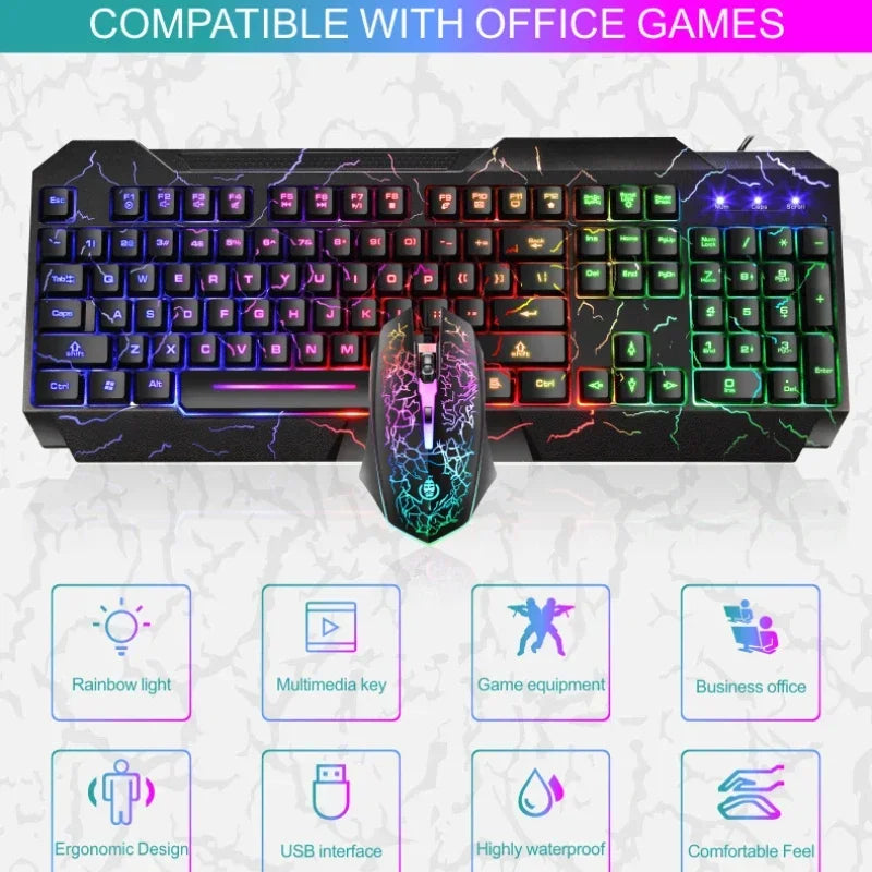 Combo tastiera e mouse da gaming cablati per computer desktop, tastiera retroilluminata LED effetto meccanico