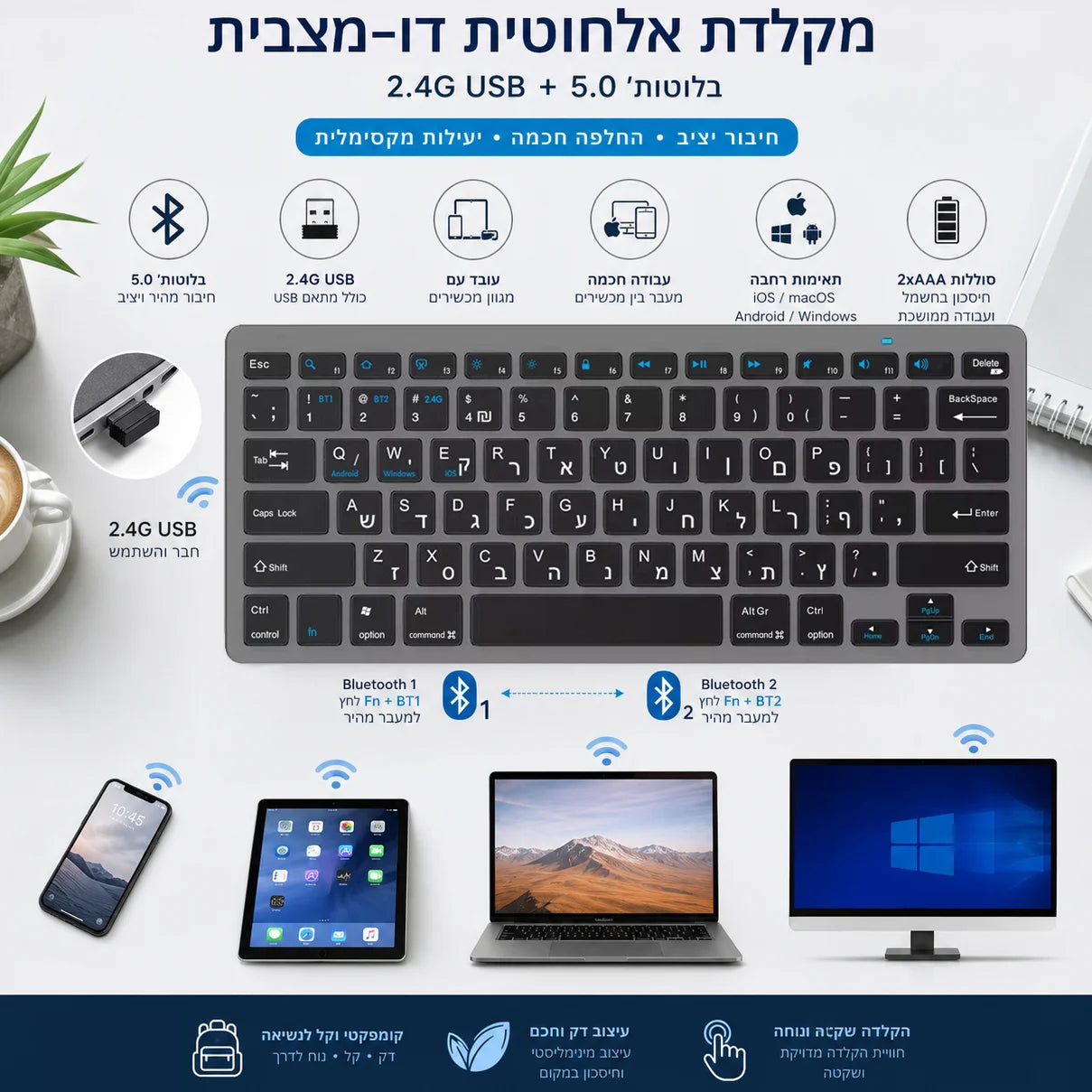 Teclado hebreo ultraslim Bluetooth y 2.4G de doble modo para Israel, teclado inalámbrico de bajo ruido para iOS, iPad, tabletas Android y Windows