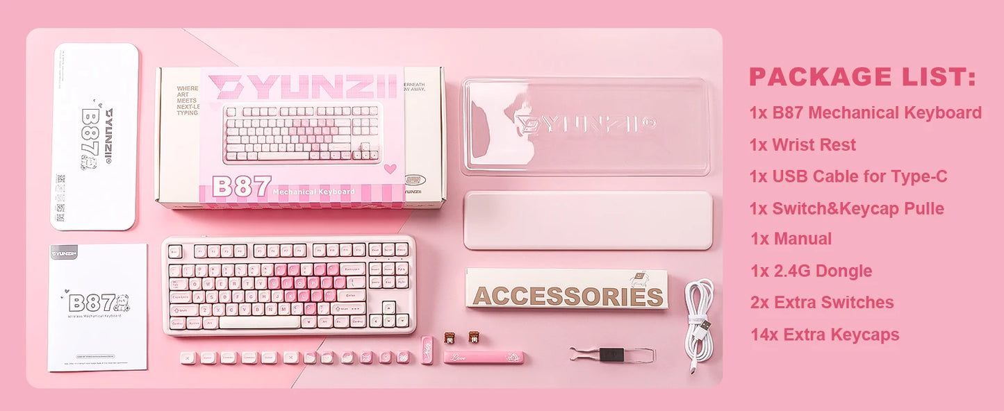 YUNZII B87 Pink Mechanical Gaming Keyboard, QMK/VIA Custom Gasket RGB Keyboard, Wireless Aesthetic Keeb, Wrist Rest for Win/Mac